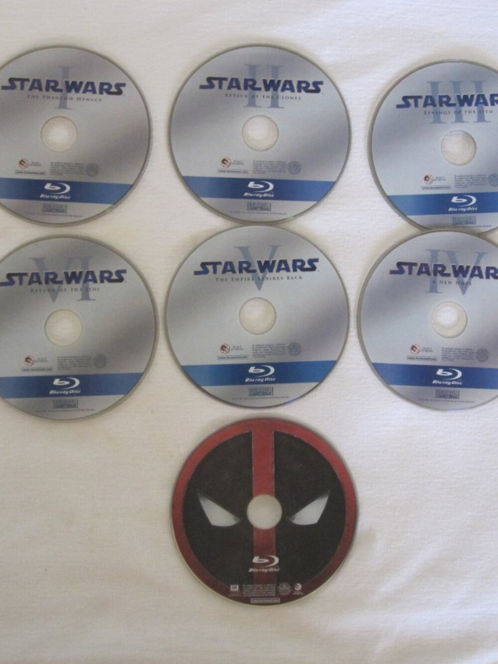 Blu-Ray Movie Disc lot: Star Wars episodes 1-6 + Deadpool